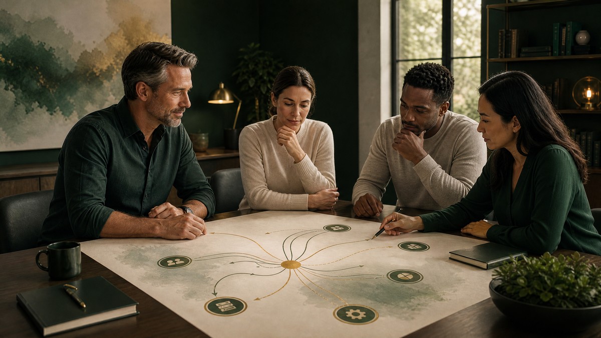 Business owner observing a capable leadership team using a clear operating map in a warm, modern office, rendered in NorthStar value green, achievement gold, and warm cream