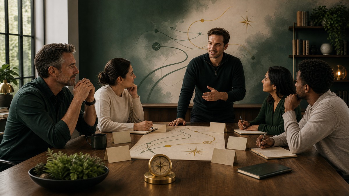 Confident diverse leadership team reviewing a company continuity plan together in a warm NorthStar green, achievement gold, and cream editorial scene