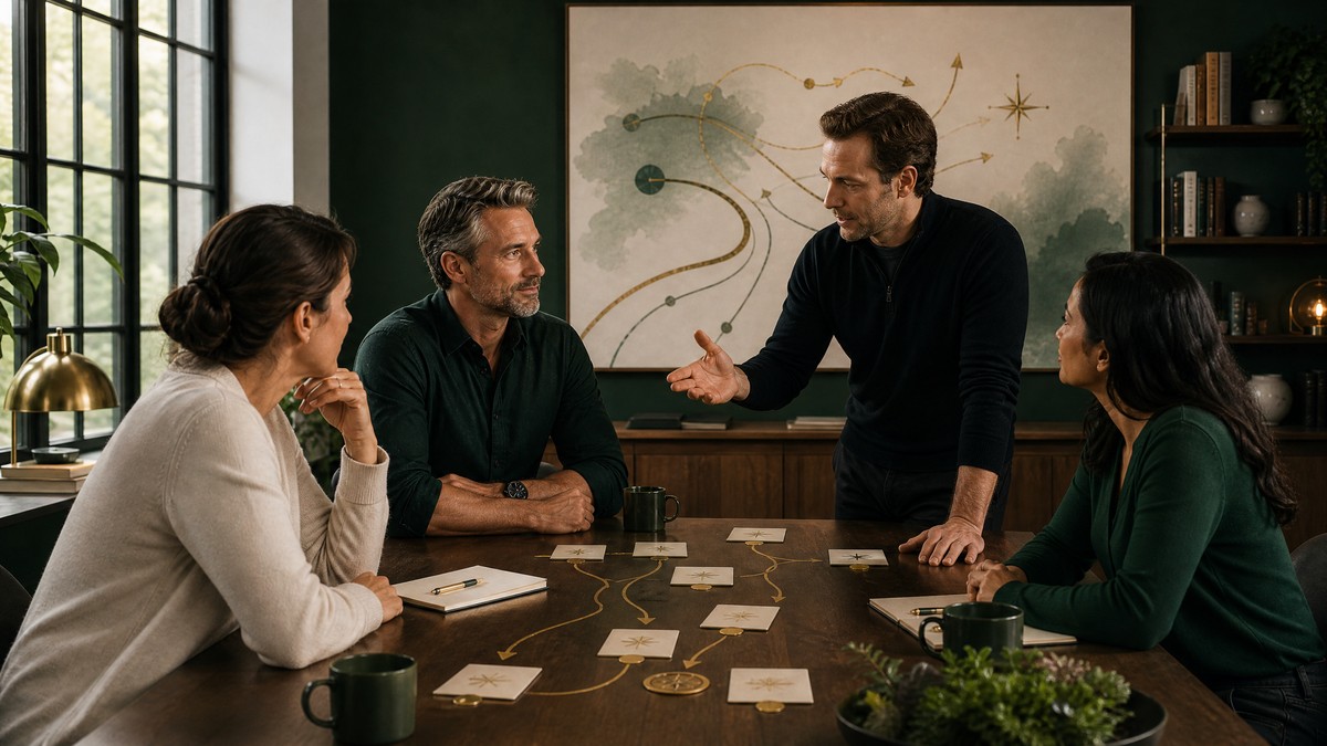 Owner and leadership team reviewing a clear decision-rights board with metrics and responsibility areas, in an editorial NorthStar green, gold, and cream office setting