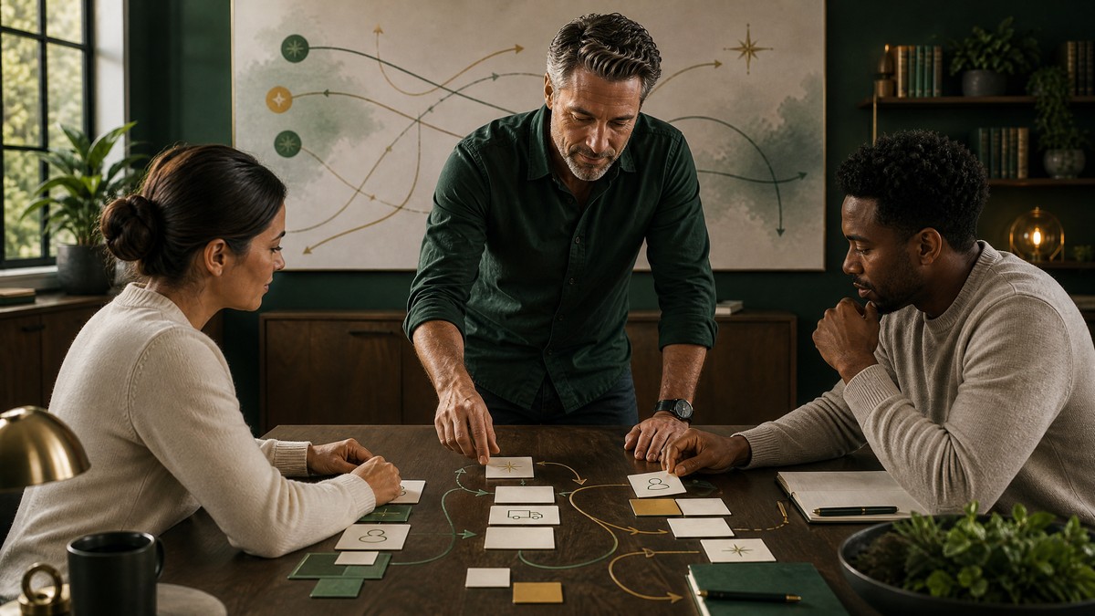 Operations leader and team mapping customer journey workflows on a wall of clear process cards, in a modern NorthStar green, gold, and warm cream editorial style