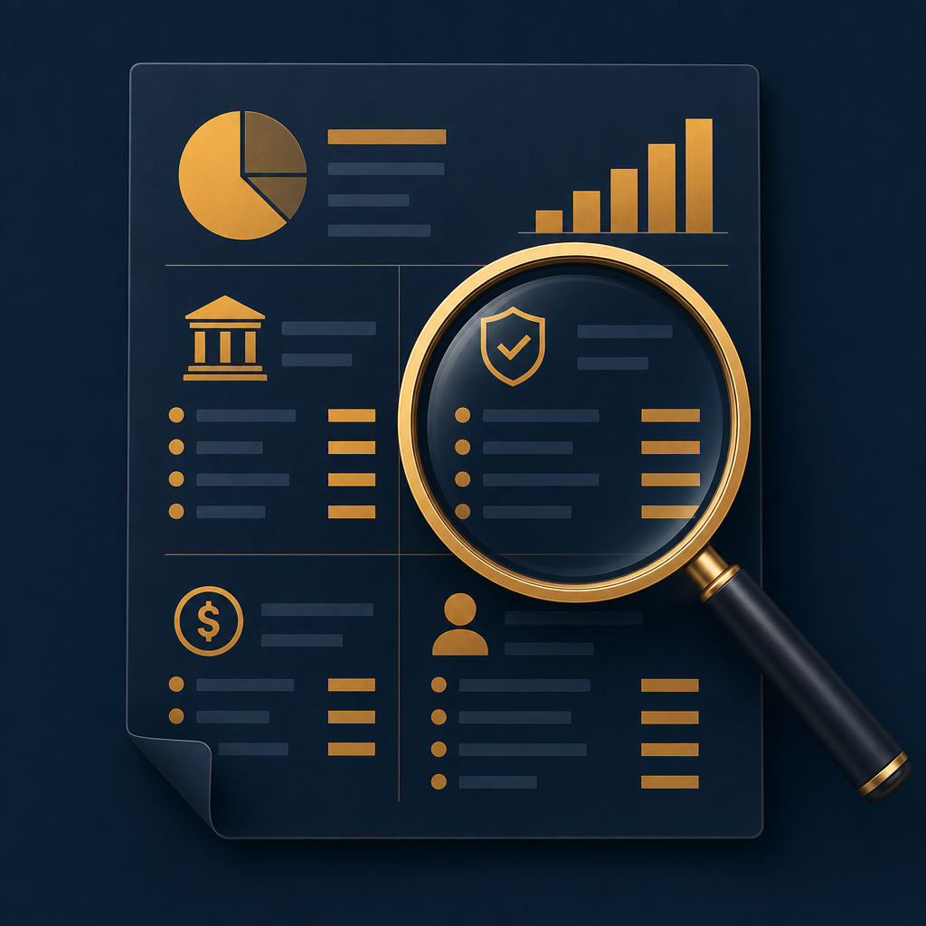 Magnifying glass over a business financial dashboard — representing buyer due diligence and scrutiny