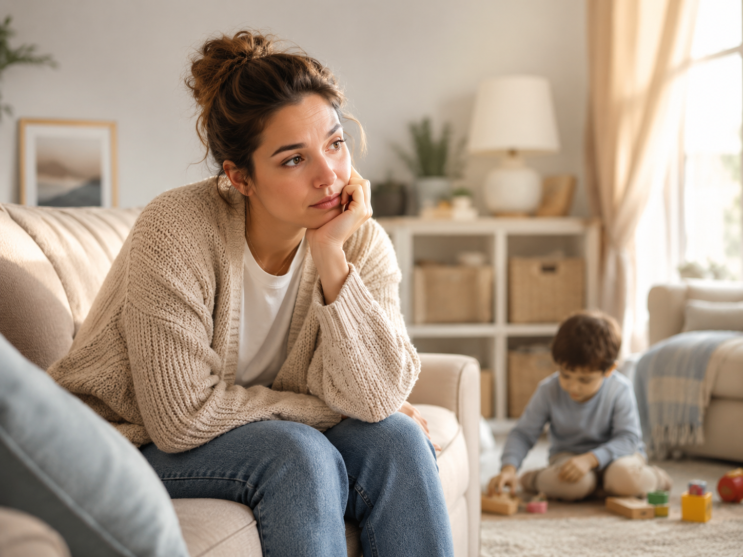Tired parent sitting while child plays nearby