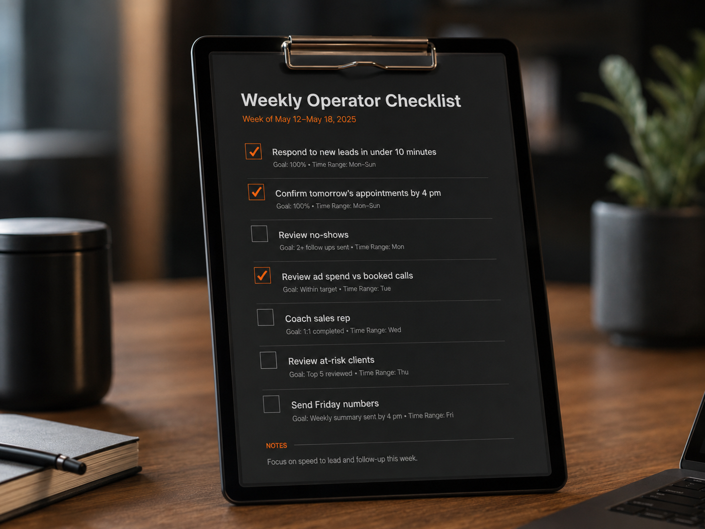 Weekly operator checklist built with a Blaze Camp client