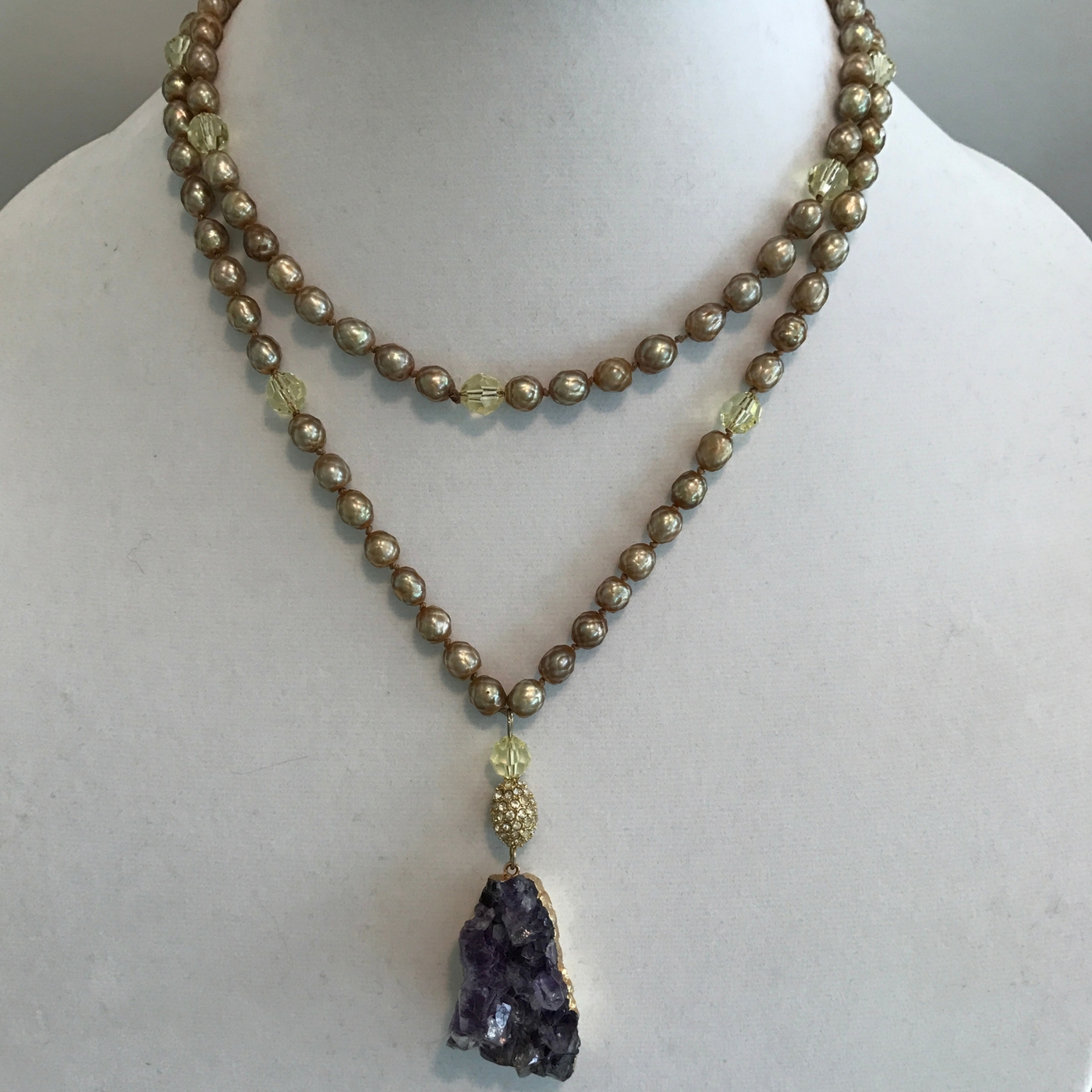 Gold Tinted Fresh Water Pearl & Amethyst Mala