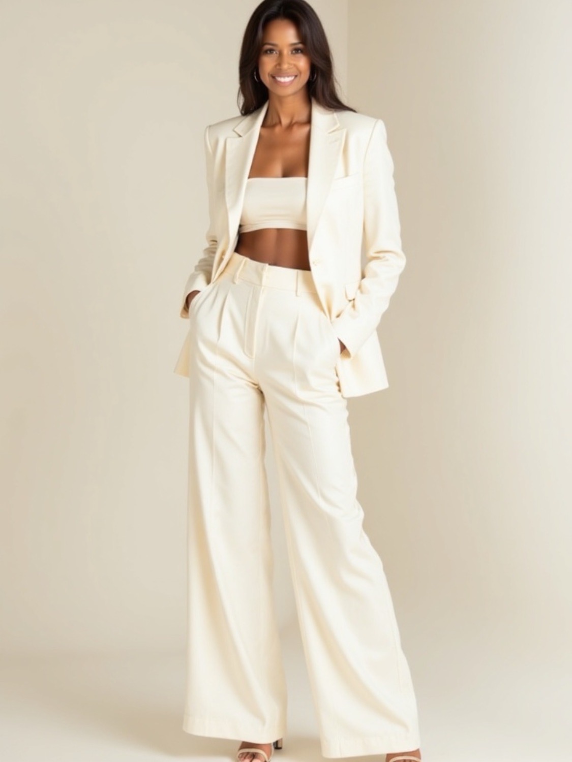 Ezina in a cream suit