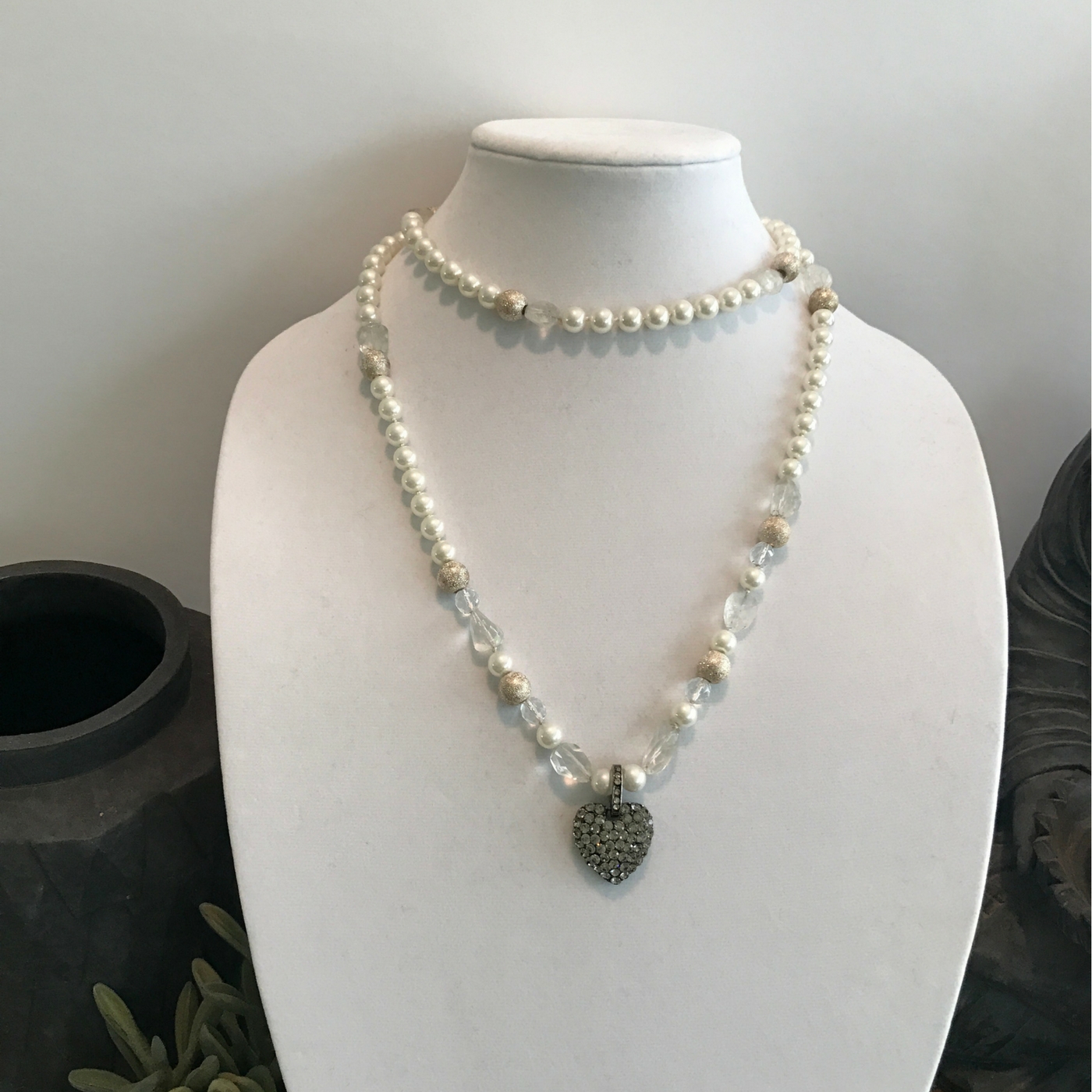 Quartz, Pewter & Simulated Pearl Mala