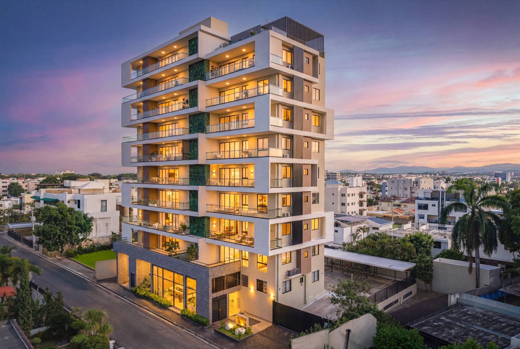 Aerial drone photo of a Santiago apartment tower