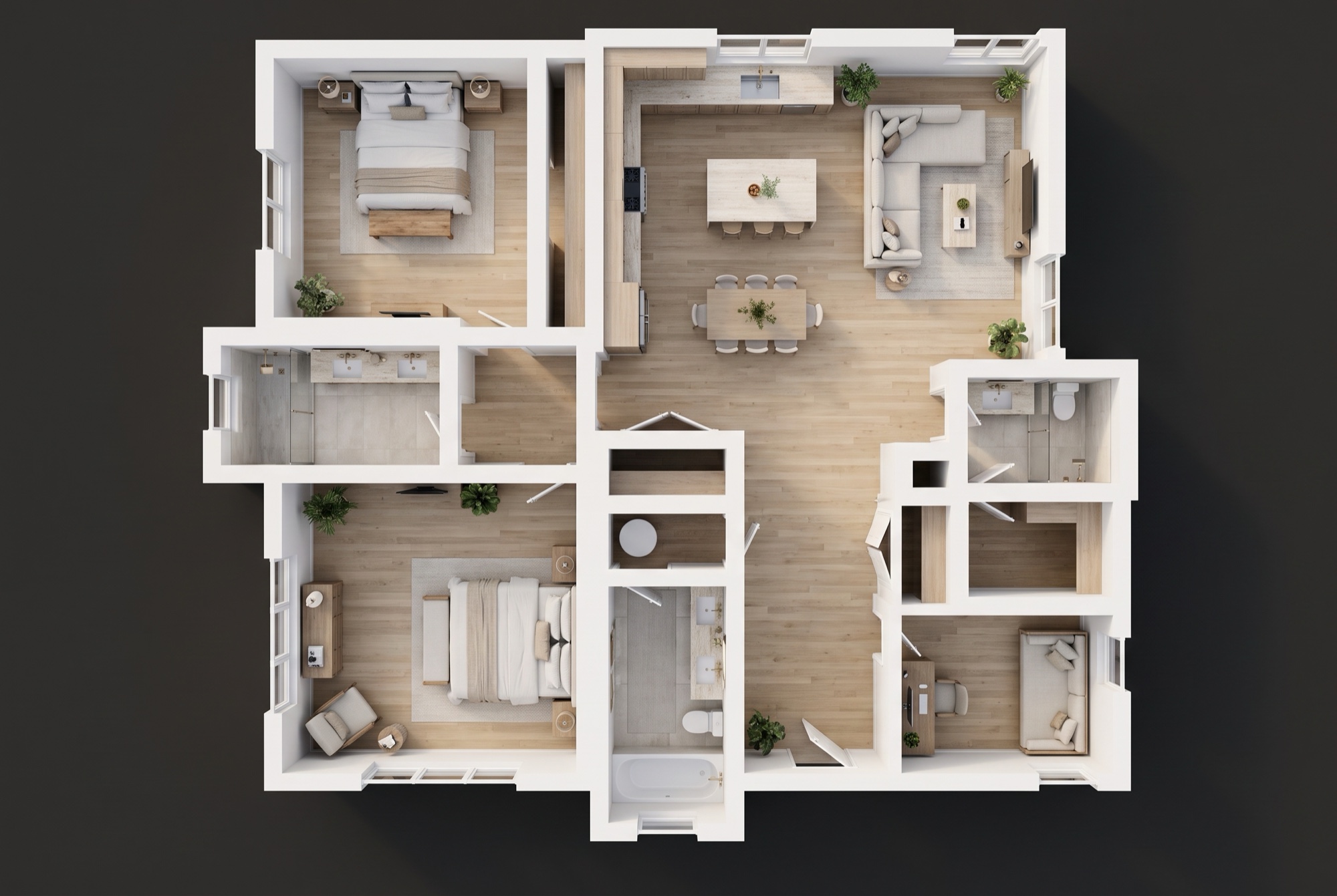 Photorealistic 3D furnished floor plan, straight top-down view