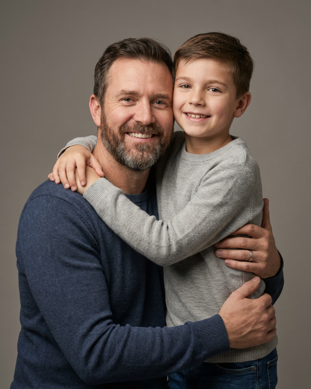 father and child smiling happy at camera in a studio photography experience