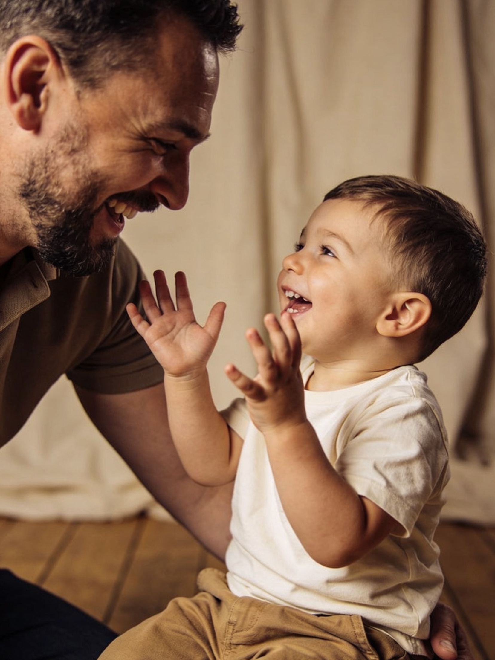 Dad and child laughing in studio during a father and child portrait experience in Watford near London
