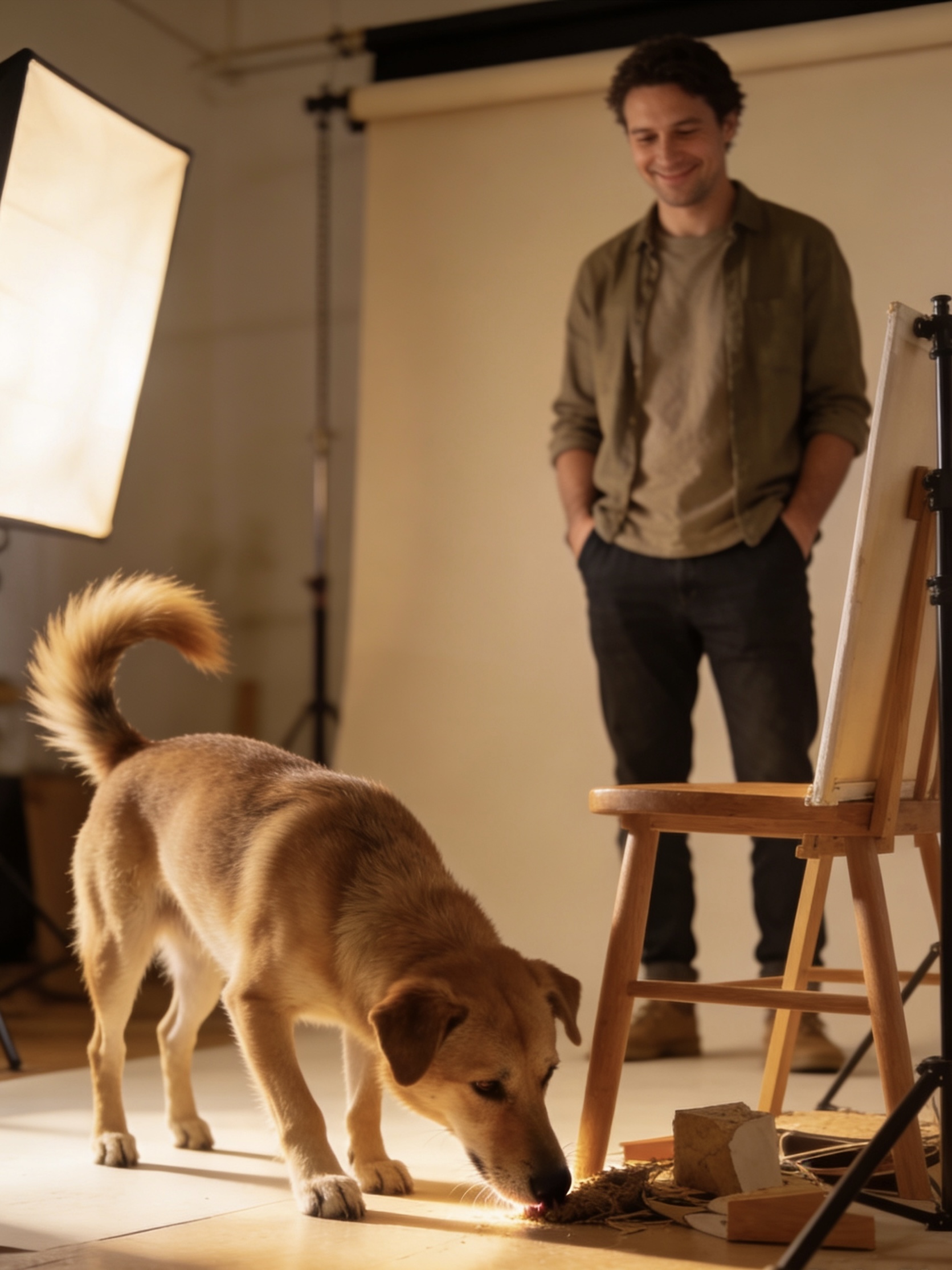 Dog sniffing around a portrait studio while owner stands nearby, relaxed