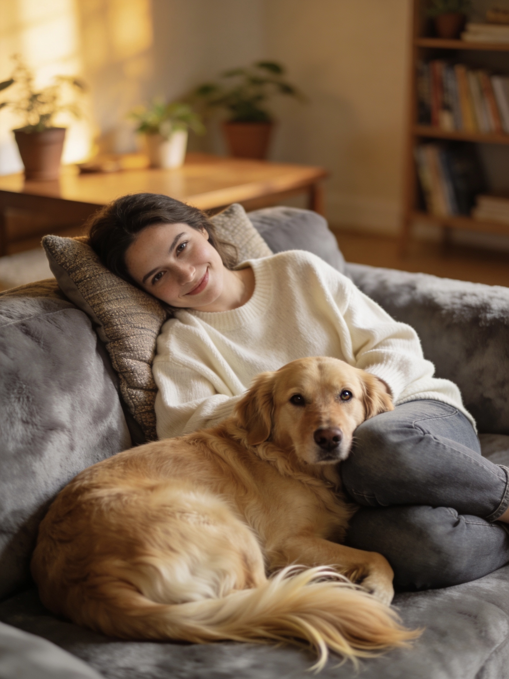 Woman relaxing on couch with her dog at home in Watford, dog feels like family Woman relaxing on couch with her dog at home in Watford, dog feels like family