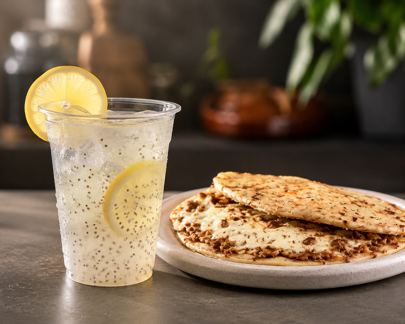 Agua de limón con chía y gordita queretana