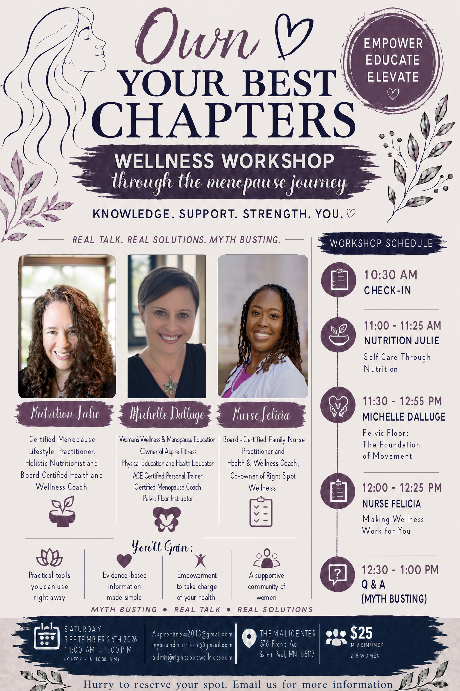 Flyer for Own Your Best Chapters, a menopause wellness workshop on Saturday, September 26, 2026 in Saint Paul, MN, featuring Nurse Felicia of Right Spot Wellness Flyer for Own Your Best Chapters, a menopause wellness workshop on Saturday, September 26, 2026 in Saint Paul, MN, featuring Nurse Felicia of Right Spot Wellness