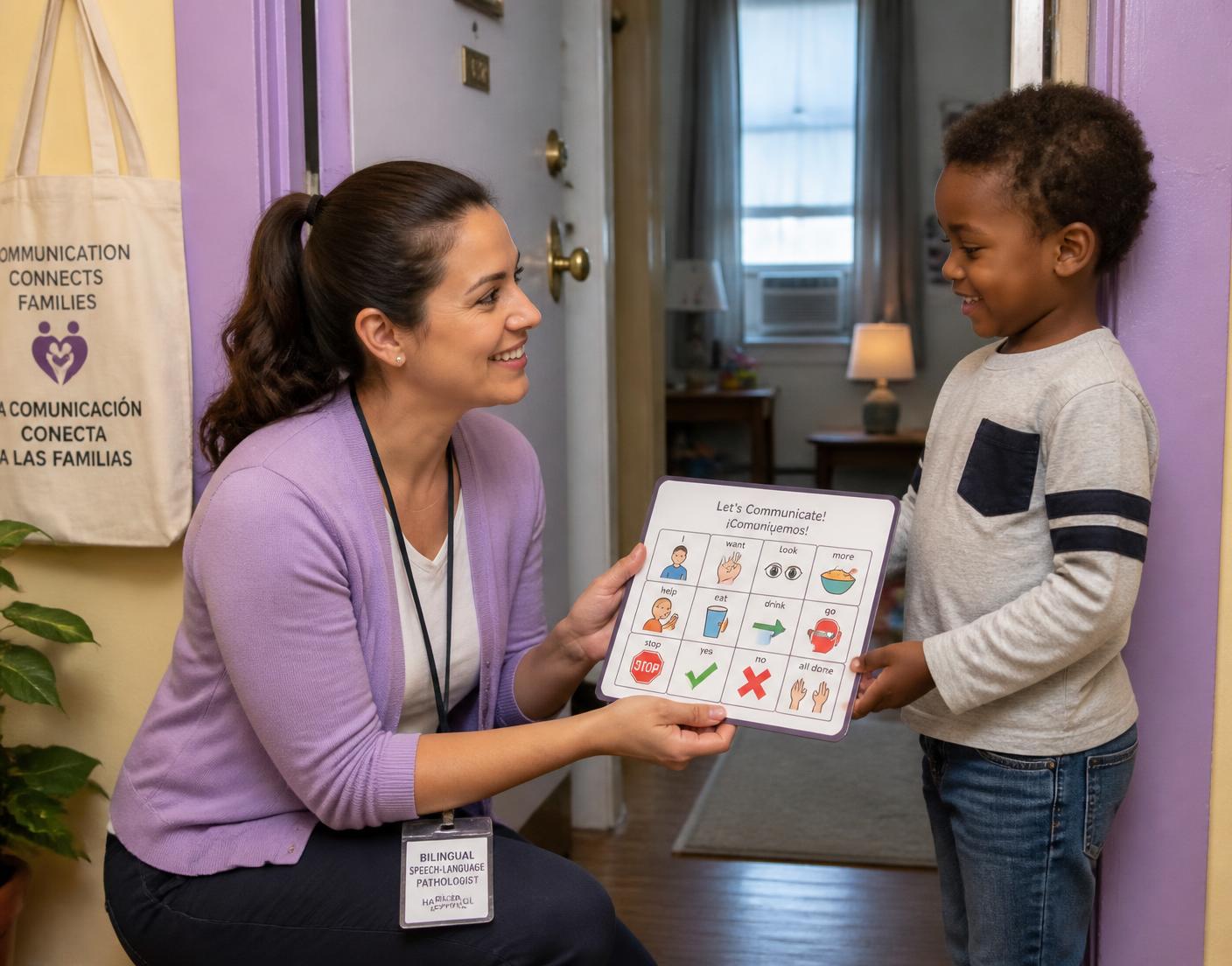 A bilingual speech and language pathologist supporting a family at home.