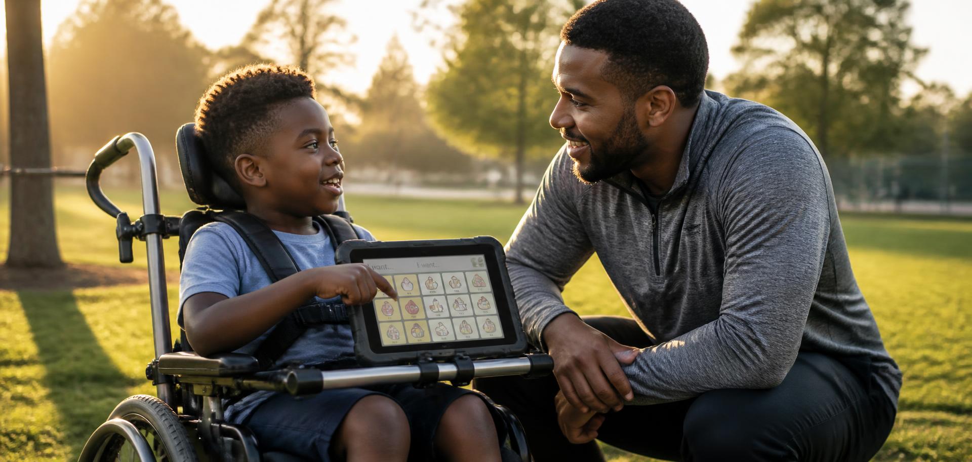 A father supporting his son as the child uses an AAC device outdoors.