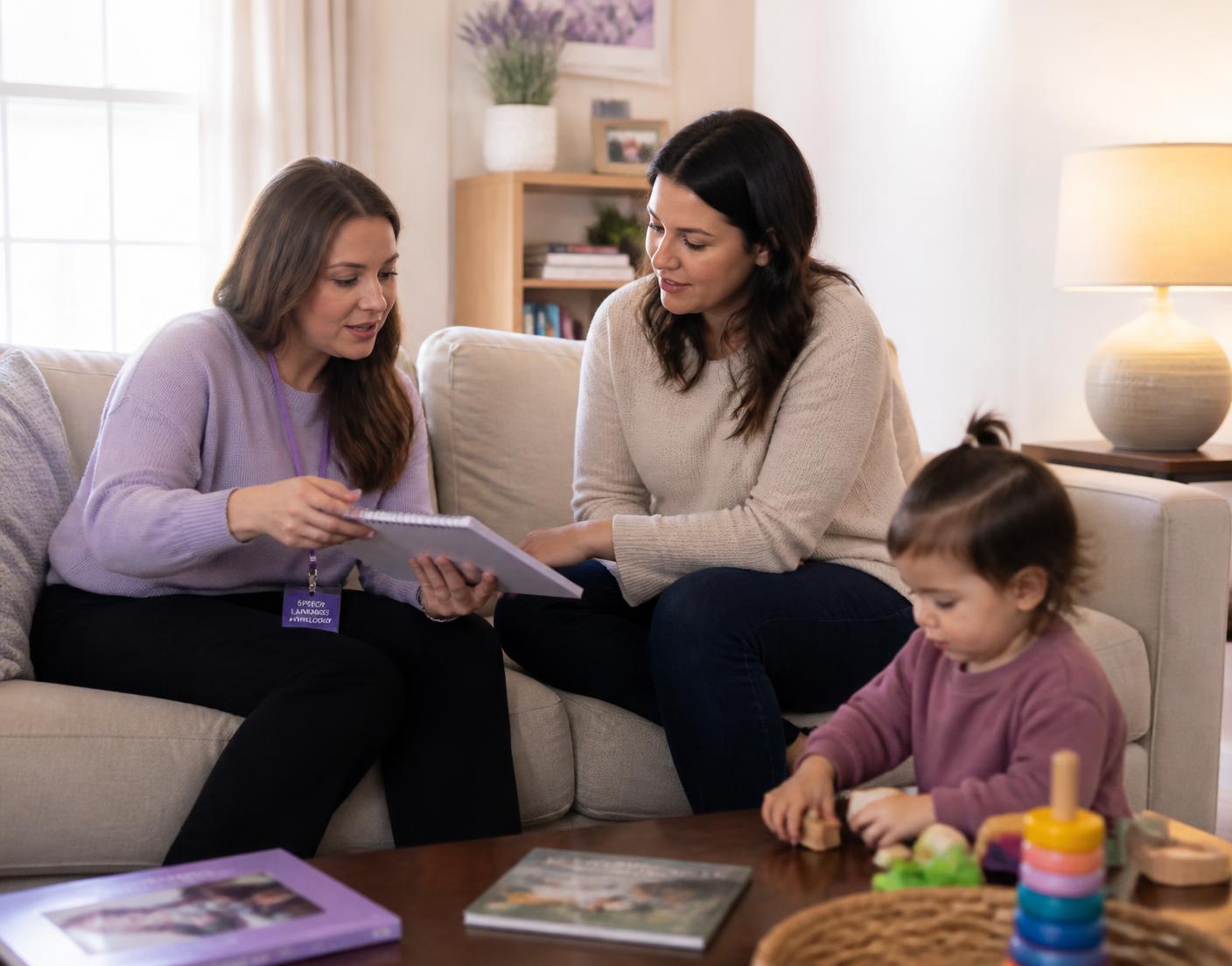 A speech and language pathologist reviewing notes with a caregiver.