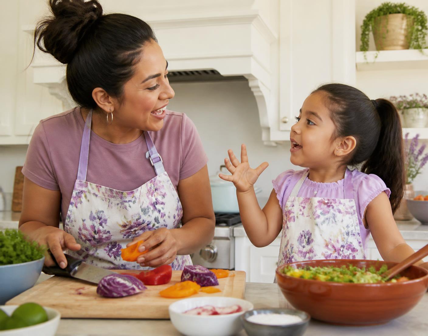 A multilingual mother and daughter preparing food together.