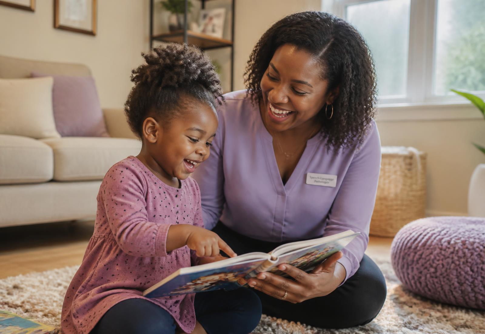 A speech and language pathologist and a young child sharing a picture book.