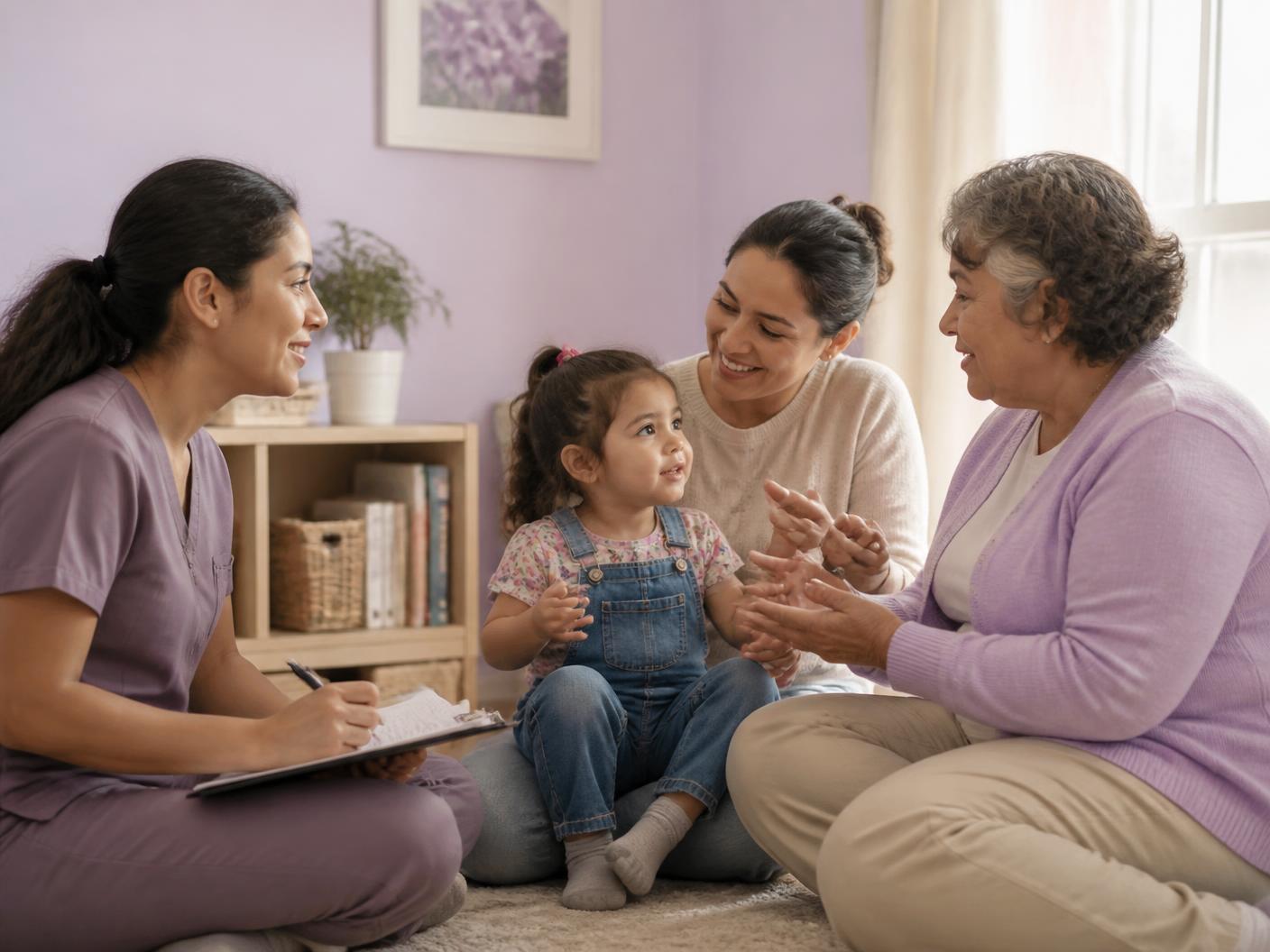 A speech-language pathologist sitting on the floor engaging a toddler with a picture card