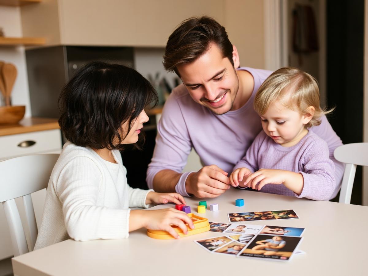 Parent and children using picture cards together