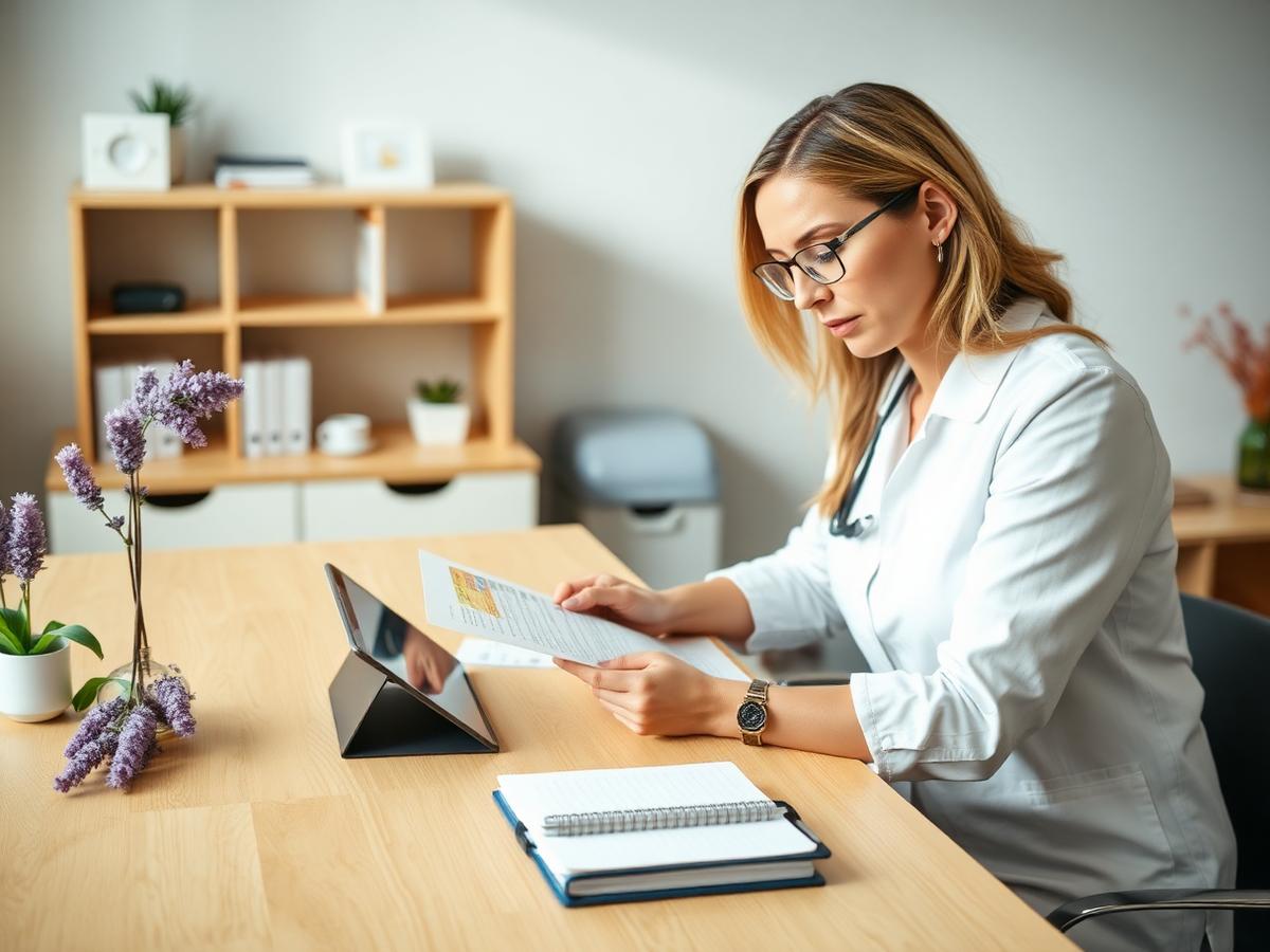 Speech-language professional reviewing clinical resources