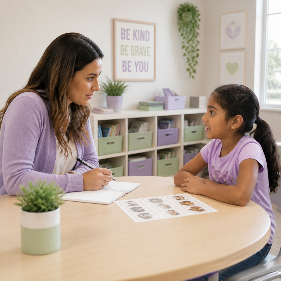 Speech-language pathologist completing a school-based language assessment with a student
