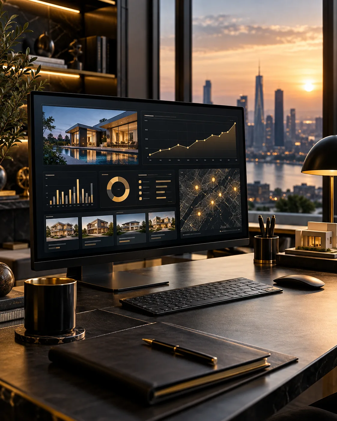 Workspace premium de VALTIS con panel inmobiliario y vista urbana