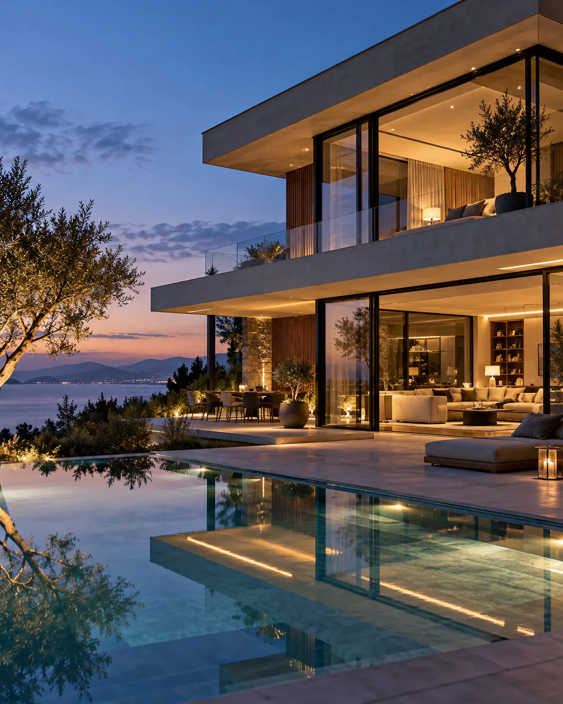 Casa de lujo contemporánea al atardecer