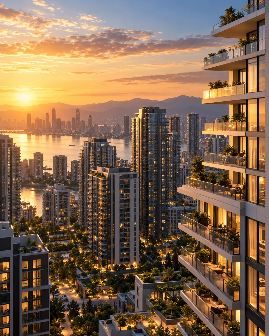 Vista urbana premium del mercado inmobiliario al atardecer