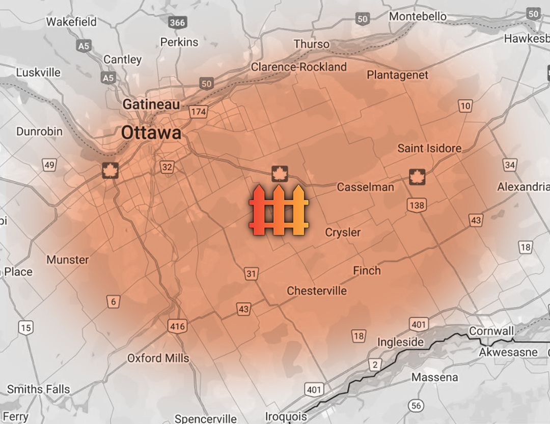 Ottawa and Eastern Ontario fence service area map