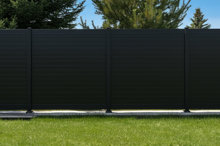 Black PVC privacy fence in backyard