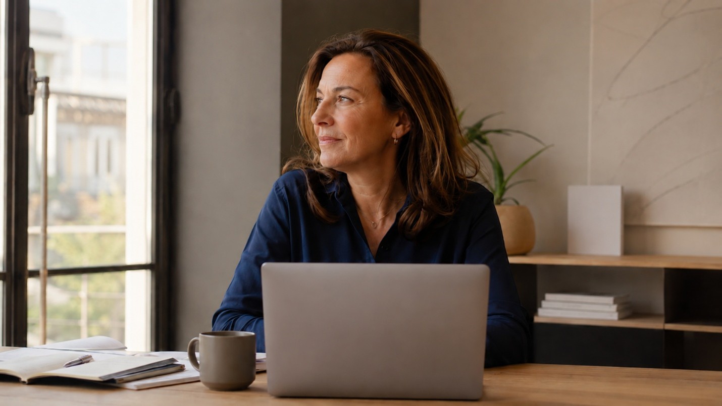 Femme de plus de 40 ans à un moment de réflexion sur sa reconversion professionnelle