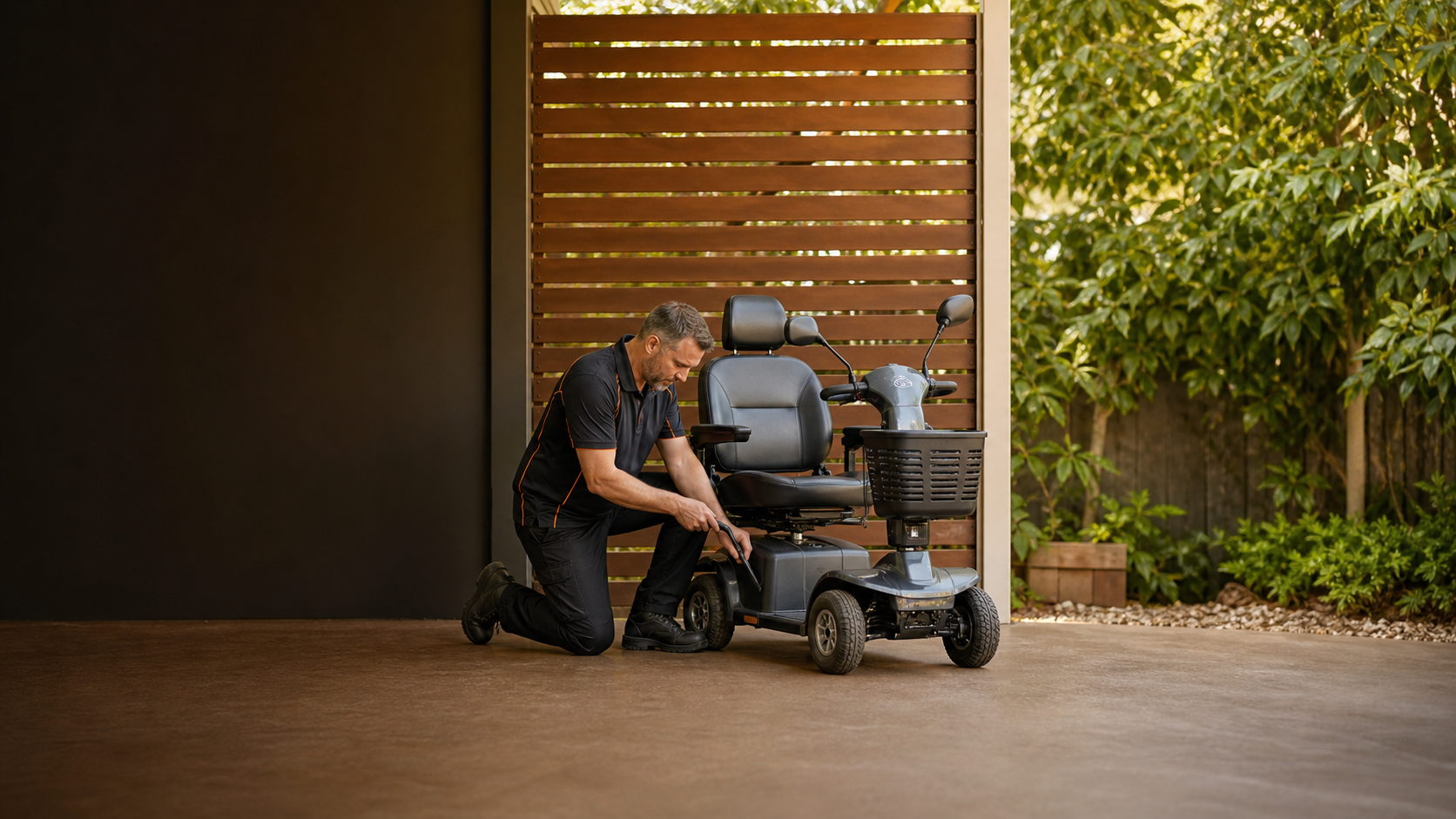 Mobile technician servicing a mobility scooter on an Australian suburban driveway