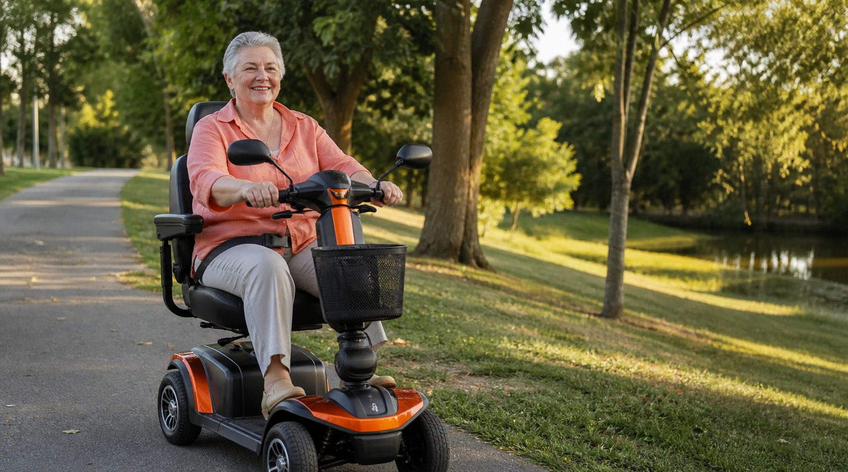 Happy older client riding her repaired mobility scooter outdoors