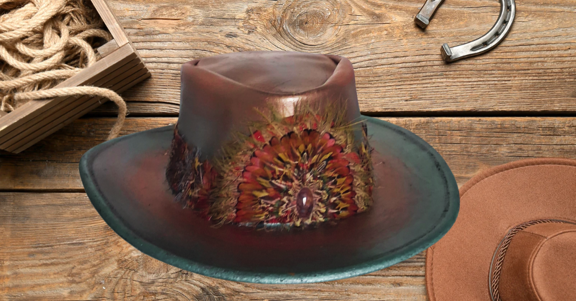Custom leather hat with a feather design, by Hunee Hats