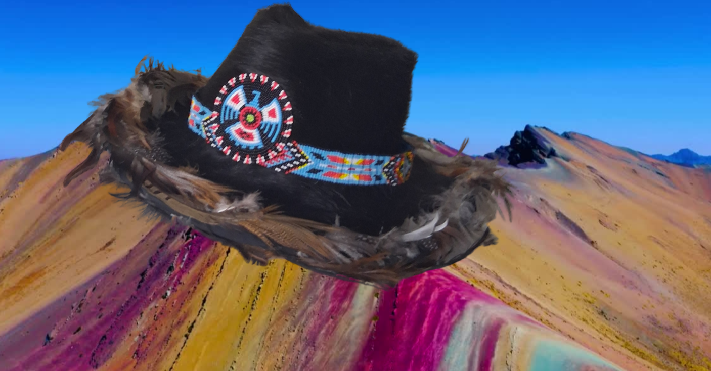 Custom black hat with fur trim and a beaded band, by Hunee Hats