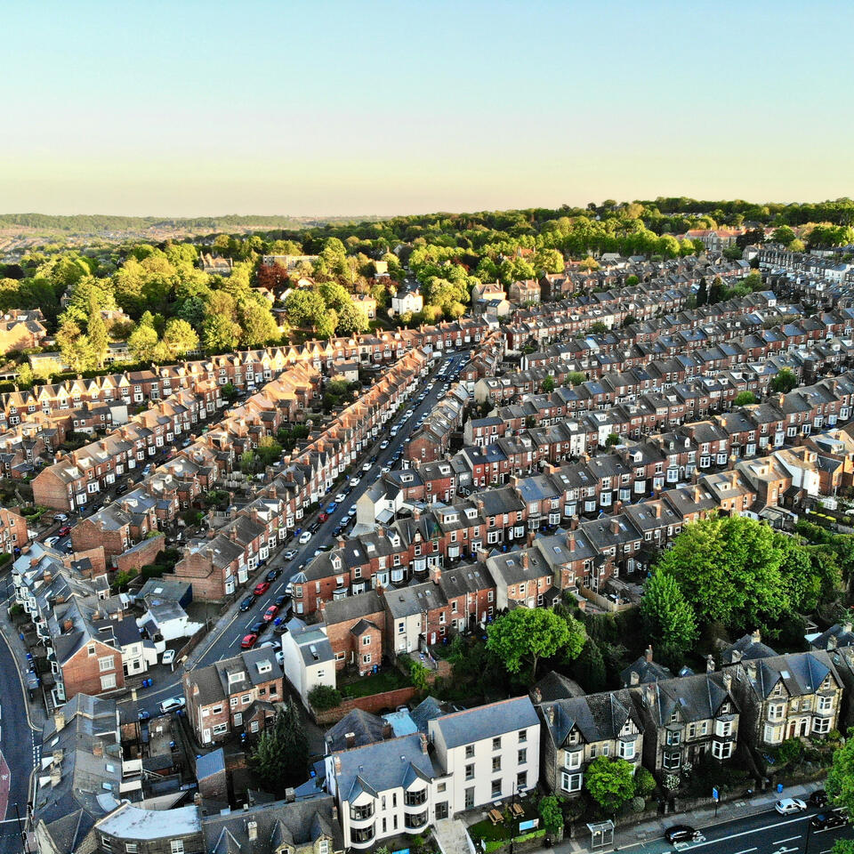 Aerial view of UK residential housing