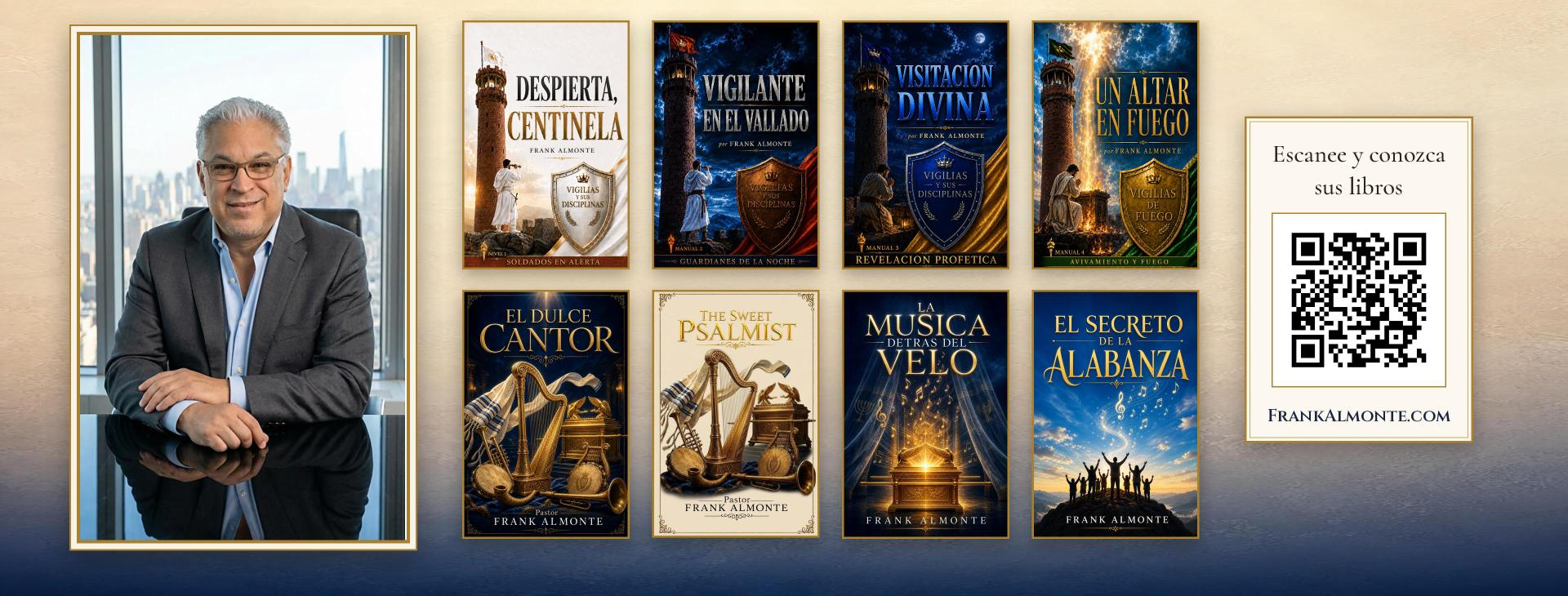 Catálogo de libros del pastor Frank Almonte y código QR