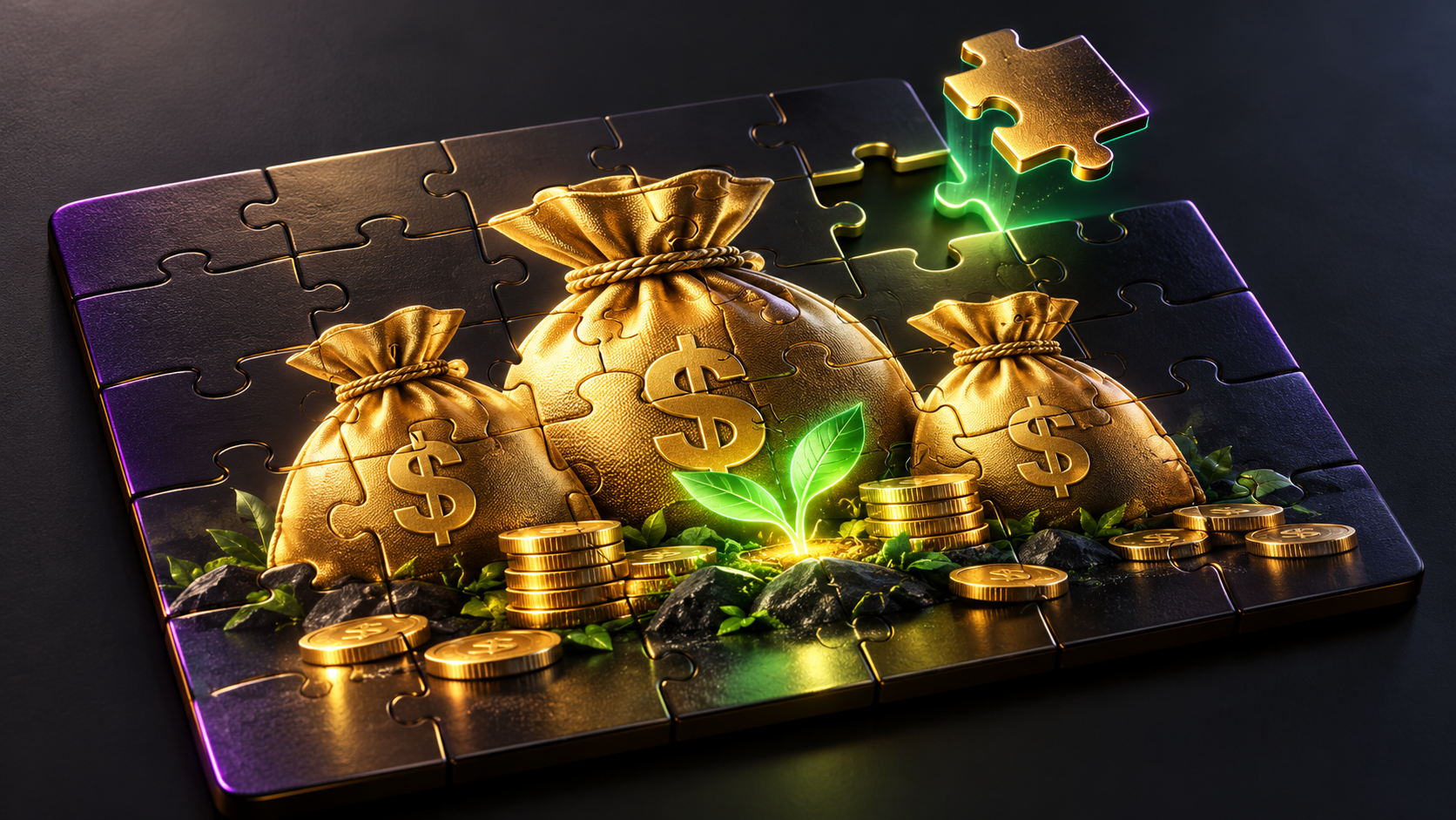 An almost completed gold money-bag puzzle with its last piece moving into place
