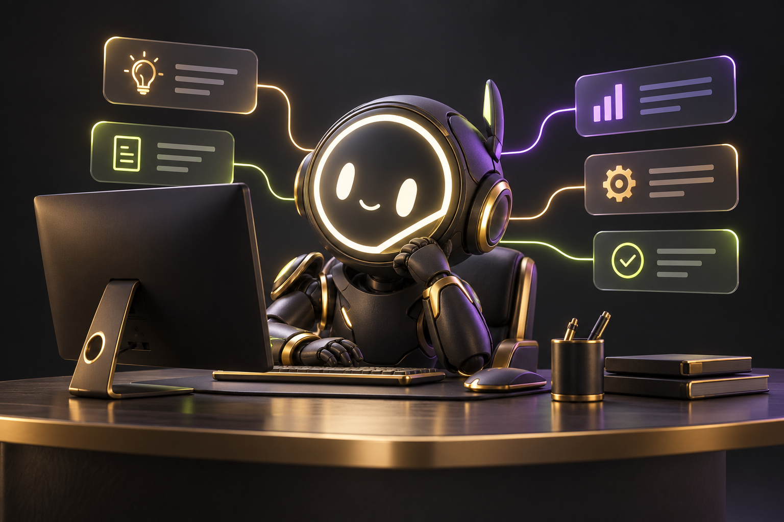 An original AI assistant robot at a desk