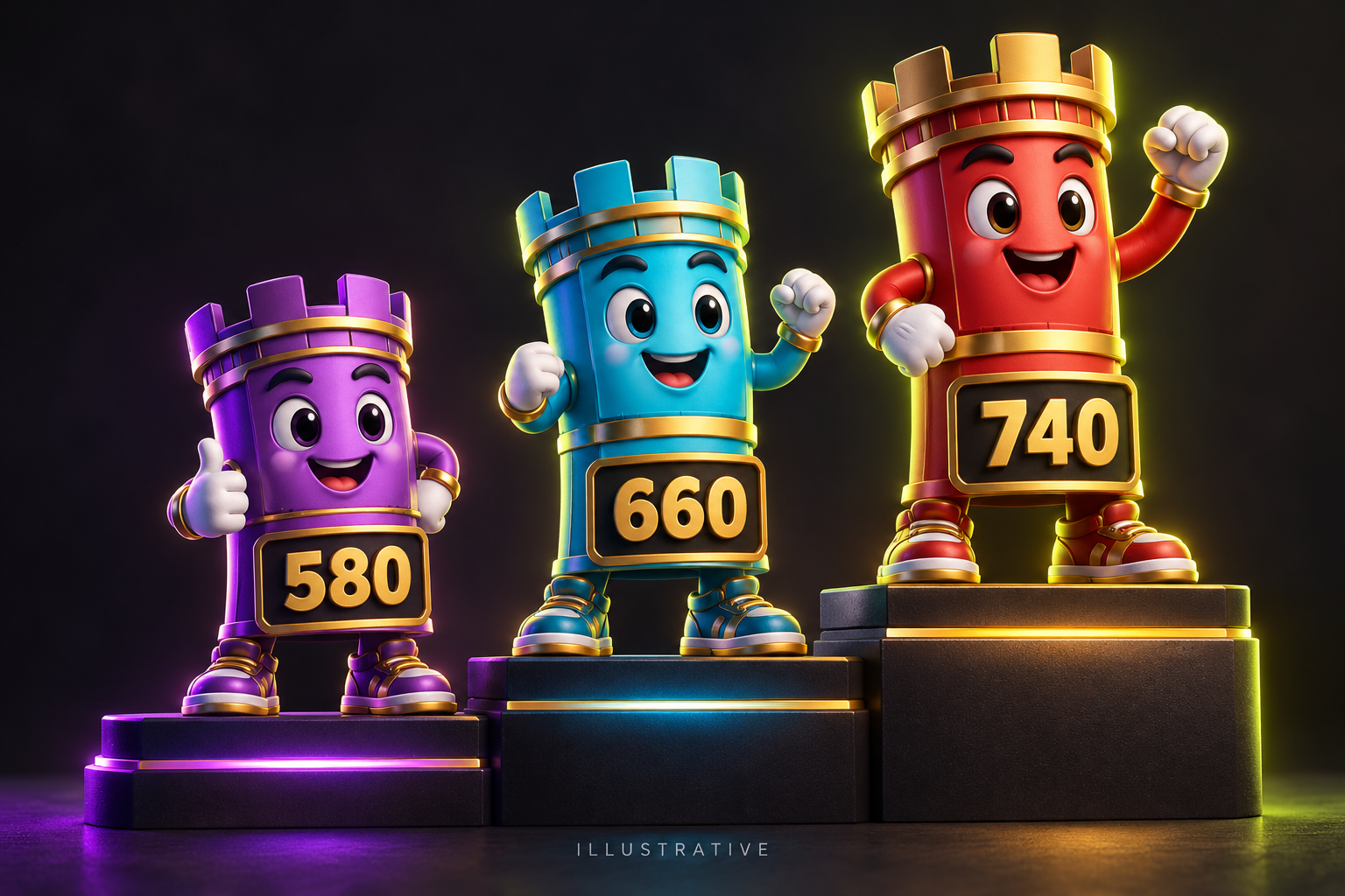Three credit-inspired avatars with illustrative scores