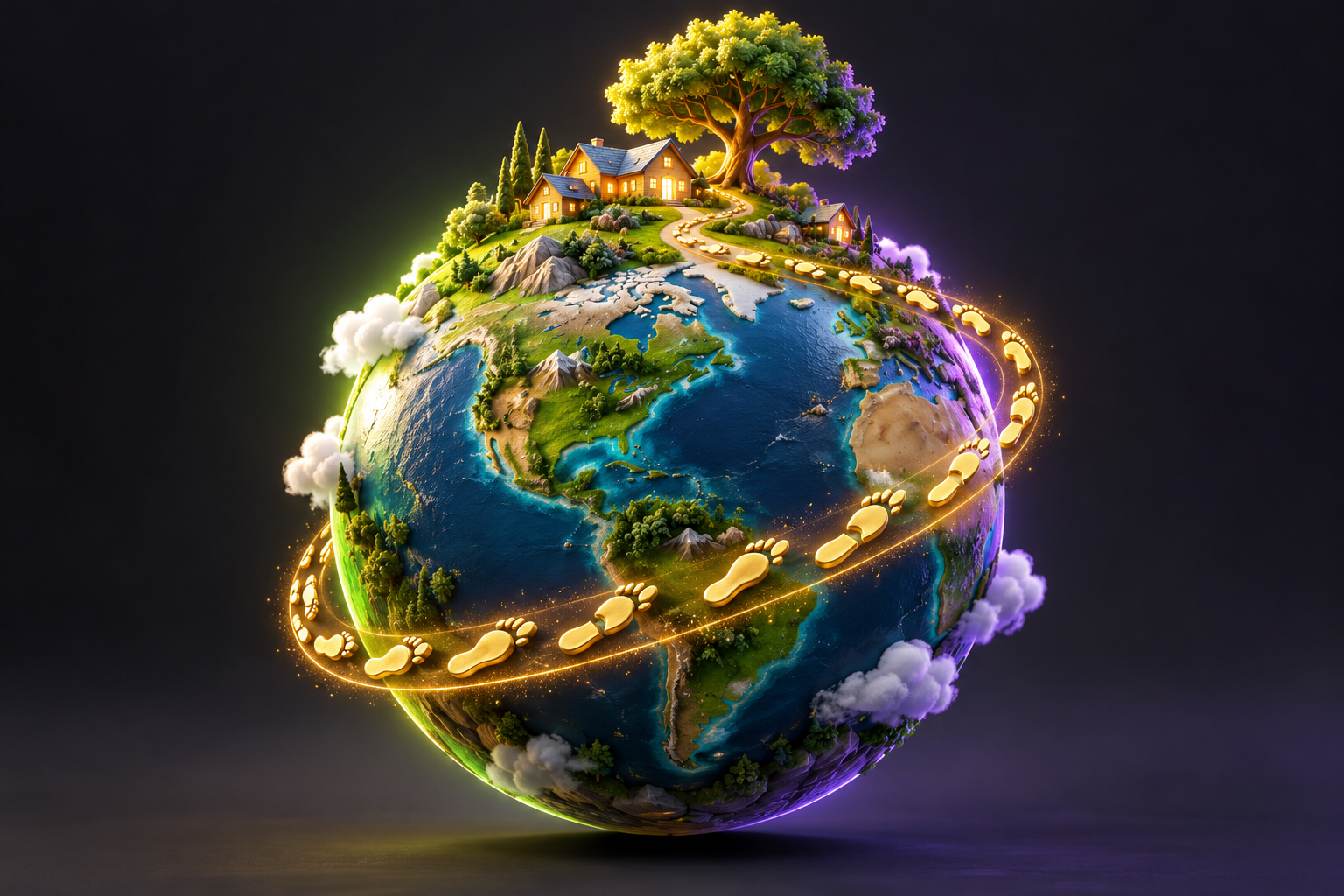A globe with footprints, homes and a growing tree