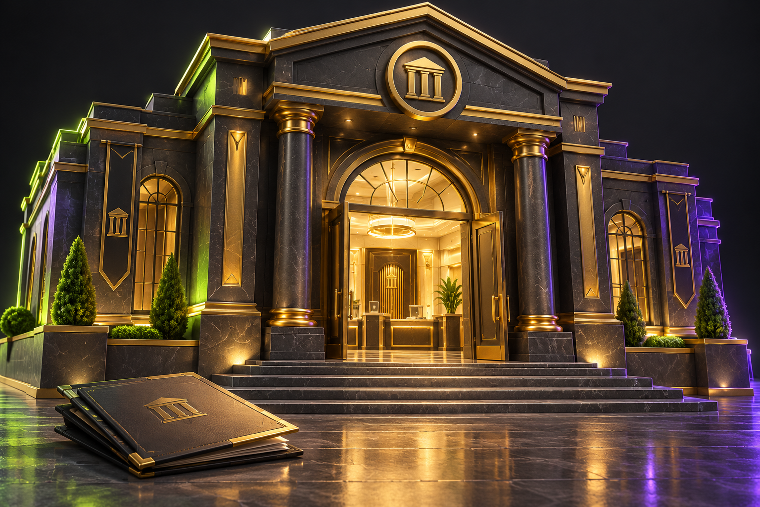 A stylized 3D bank with a welcoming entrance