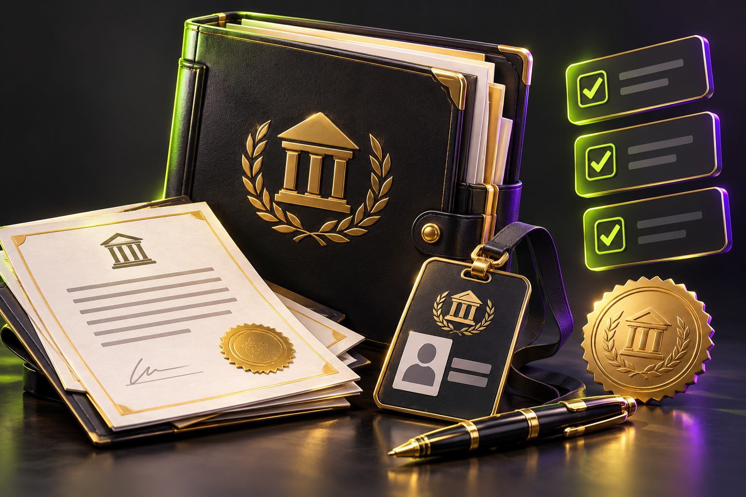 A stylized 3D business document kit