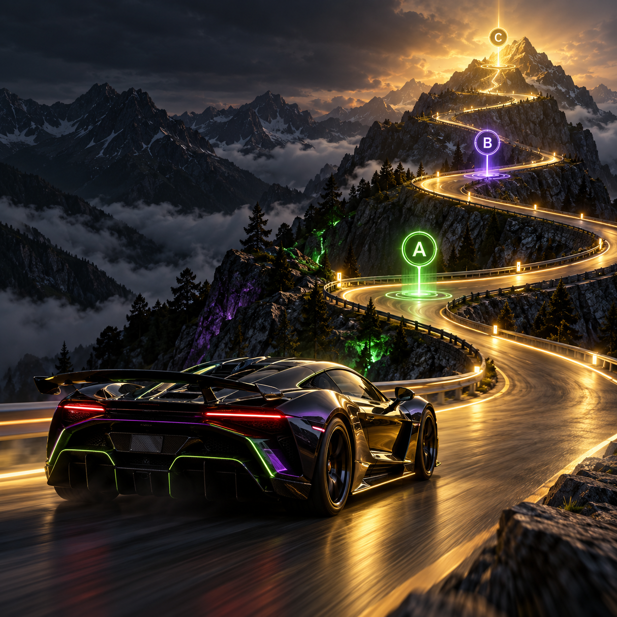 Hypercar on a mountain route with checkpoints A B and C