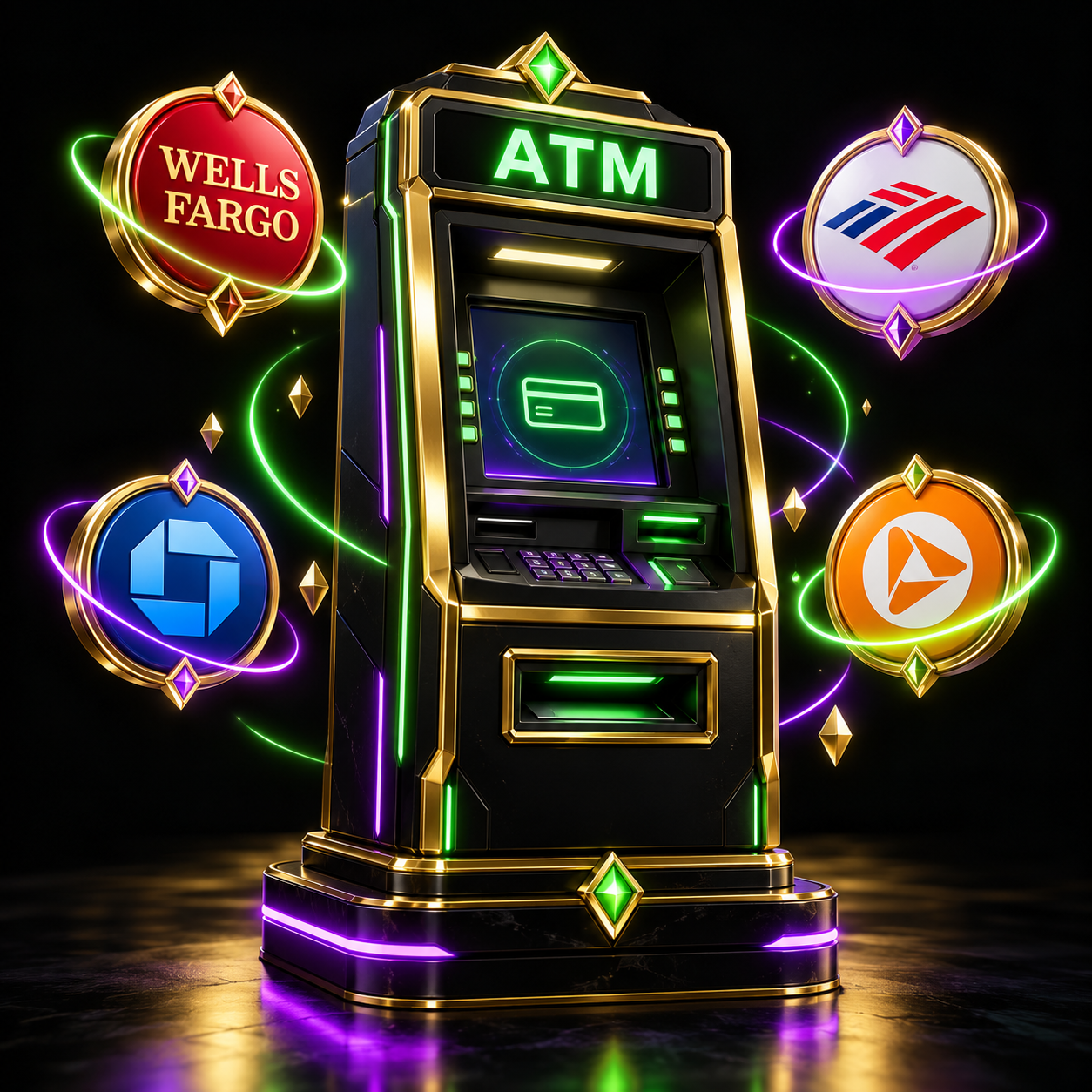 ATM with stylized bank badges