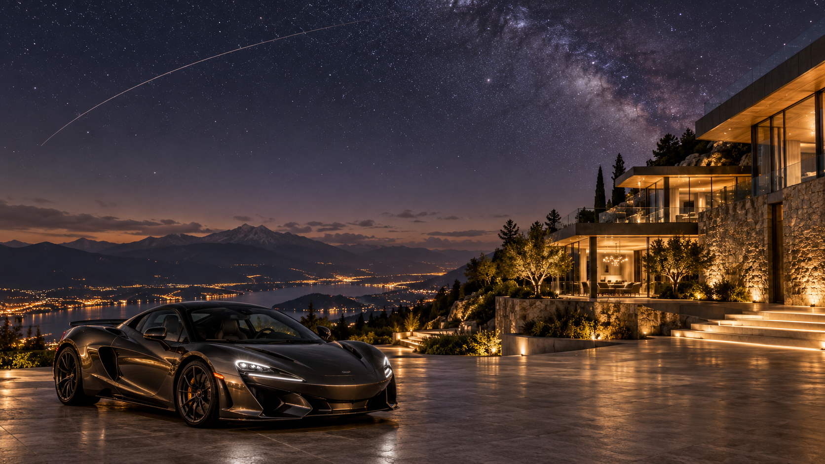 Modern estate and hypercar beneath a starry sky