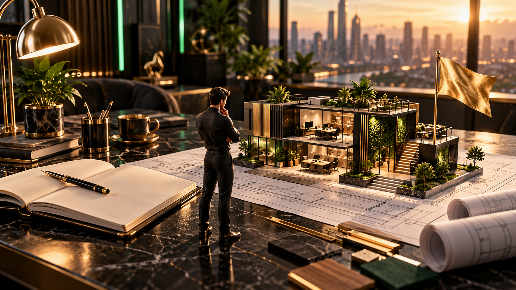 Entrepreneur planning a business launch with a model headquarters and gold starting flag