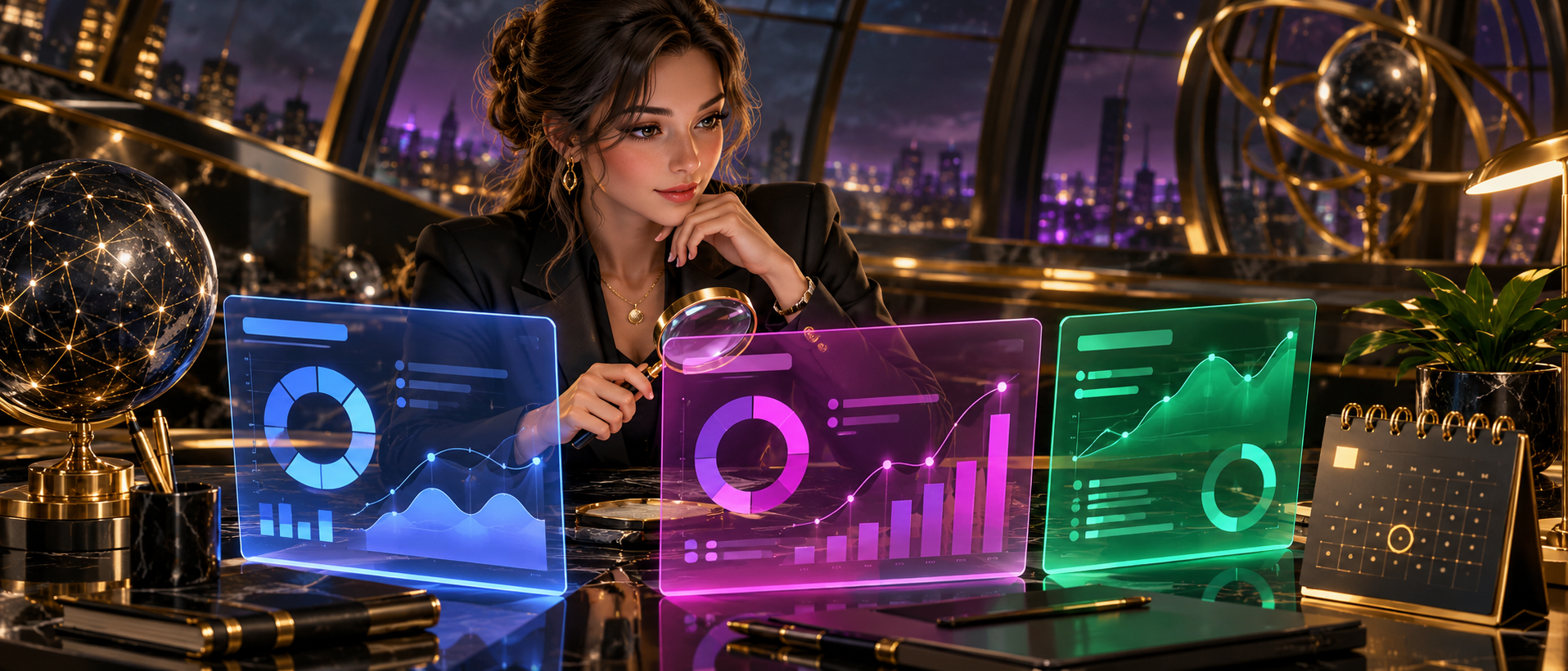 Credit analyst reviewing three report panels in a detailed digital observatory